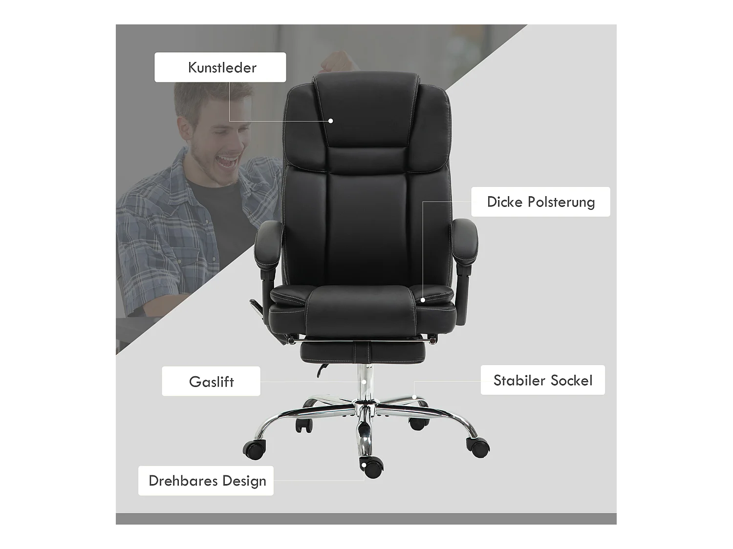 Fauteuil de bureau ergonomique avec massage, fonction chauffage et inclinaison, cuir synthétique, noir (66x67x118-126 cm)