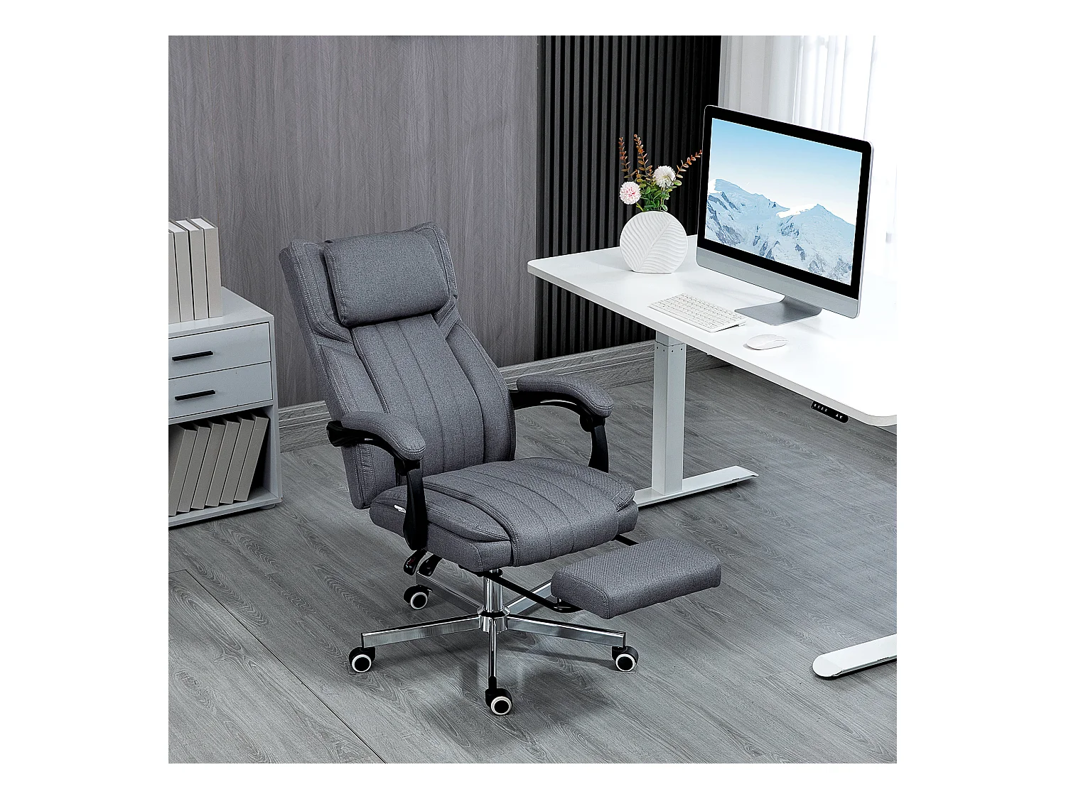 Fauteuil de bureau avec 5 modes de massage, fonction relax, polyester aspect lin, gris (65x61x105-113cm)