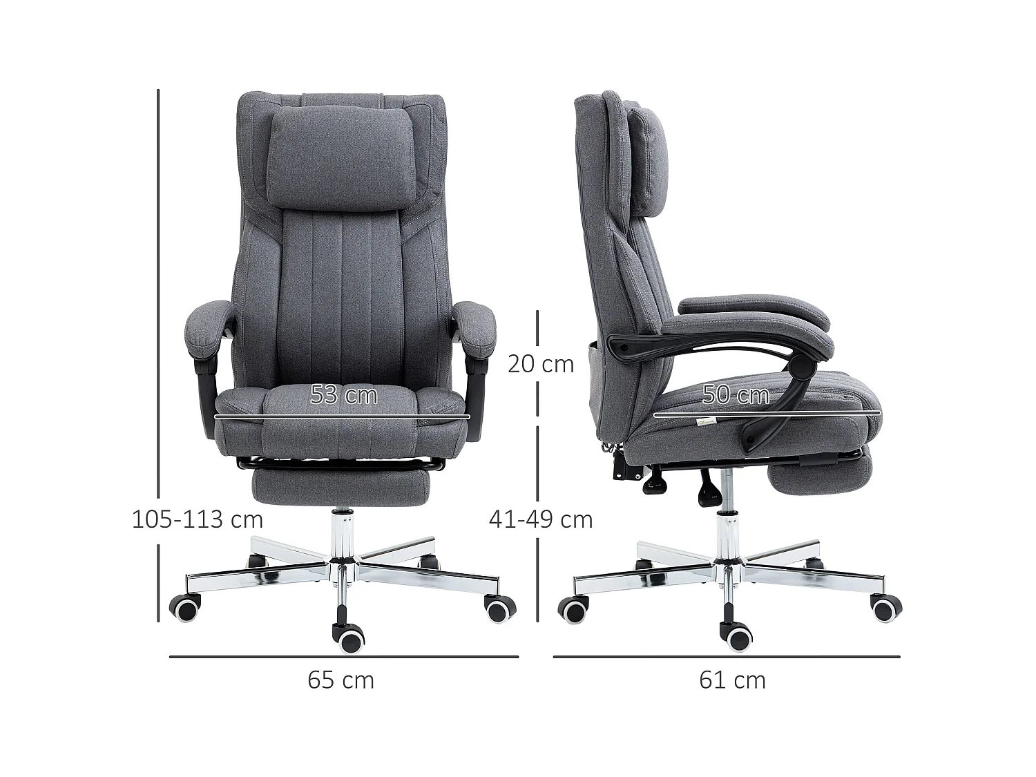 Fauteuil de bureau avec 5 modes de massage, fonction relax, polyester aspect lin, gris (65x61x105-113cm)