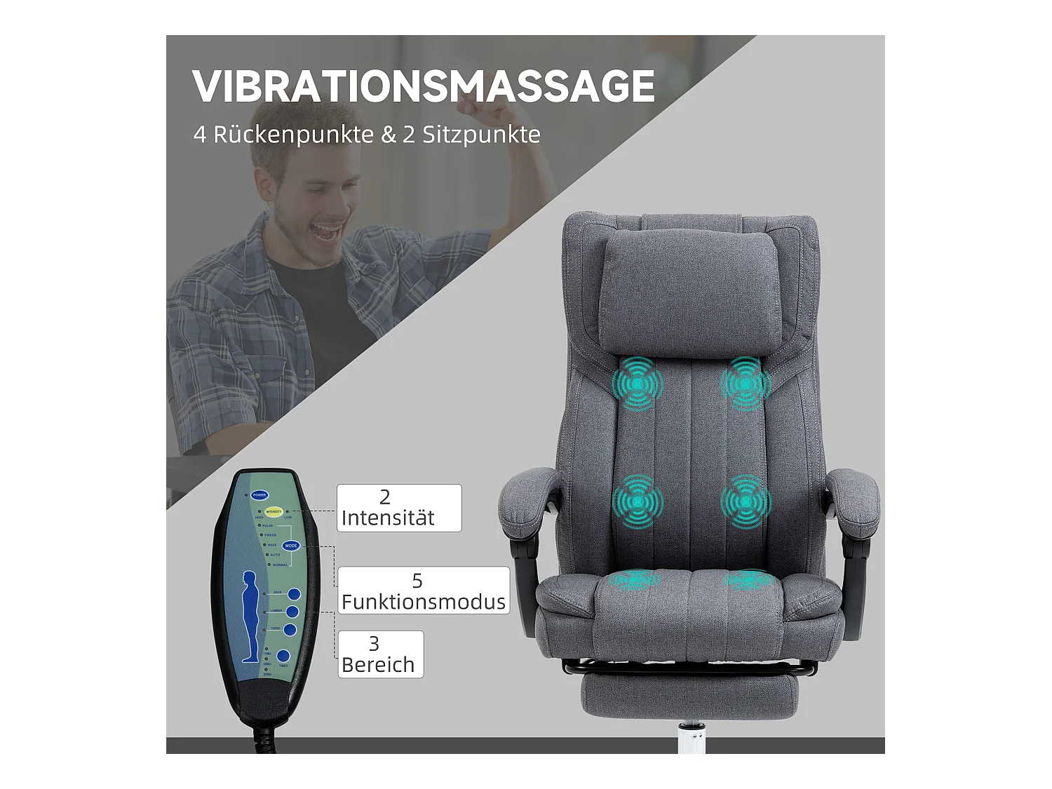 Fauteuil de bureau avec 5 modes de massage, fonction relax, polyester aspect lin, gris (65x61x105-113cm)