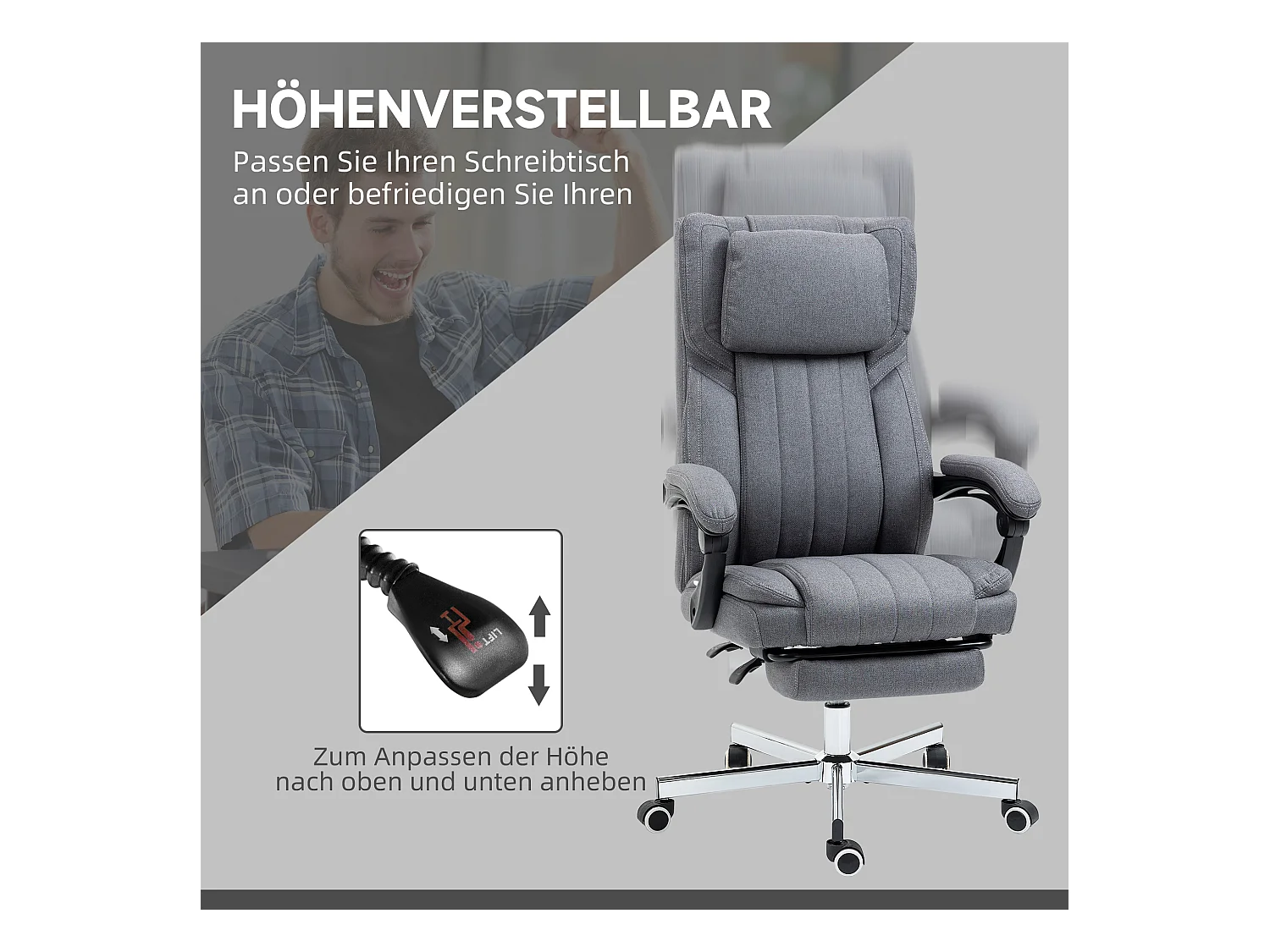 Fauteuil de bureau avec 5 modes de massage, fonction relax, polyester aspect lin, gris (65x61x105-113cm)