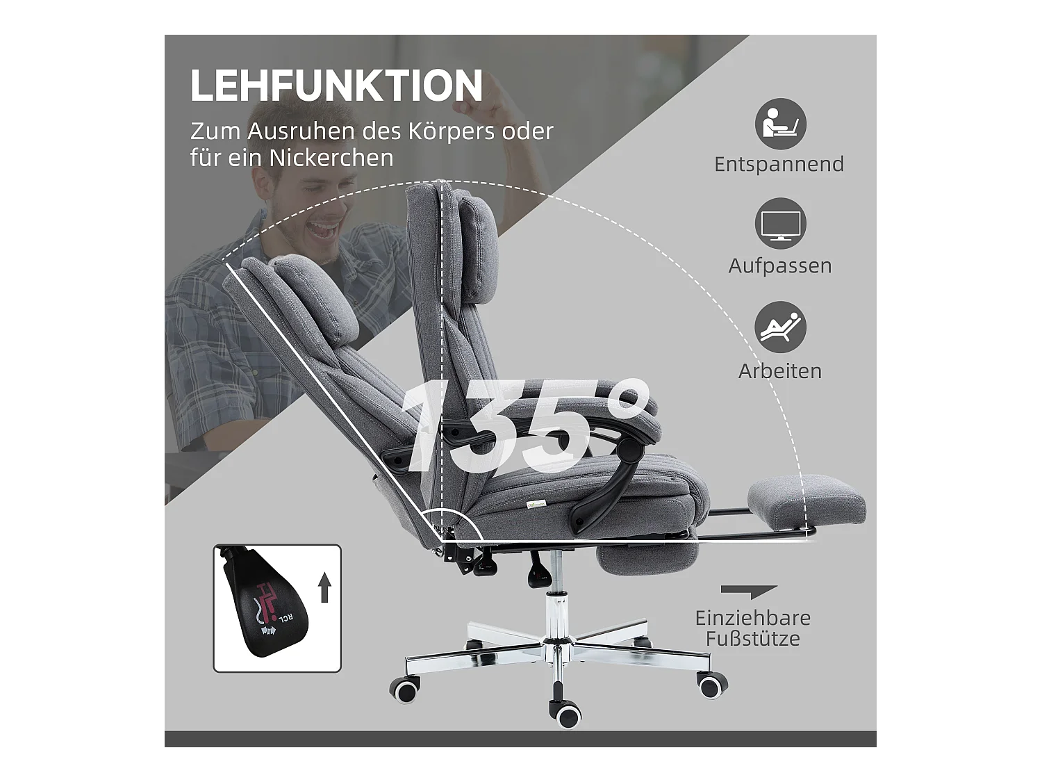 Fauteuil de bureau avec 5 modes de massage, fonction relax, polyester aspect lin, gris (65x61x105-113cm)