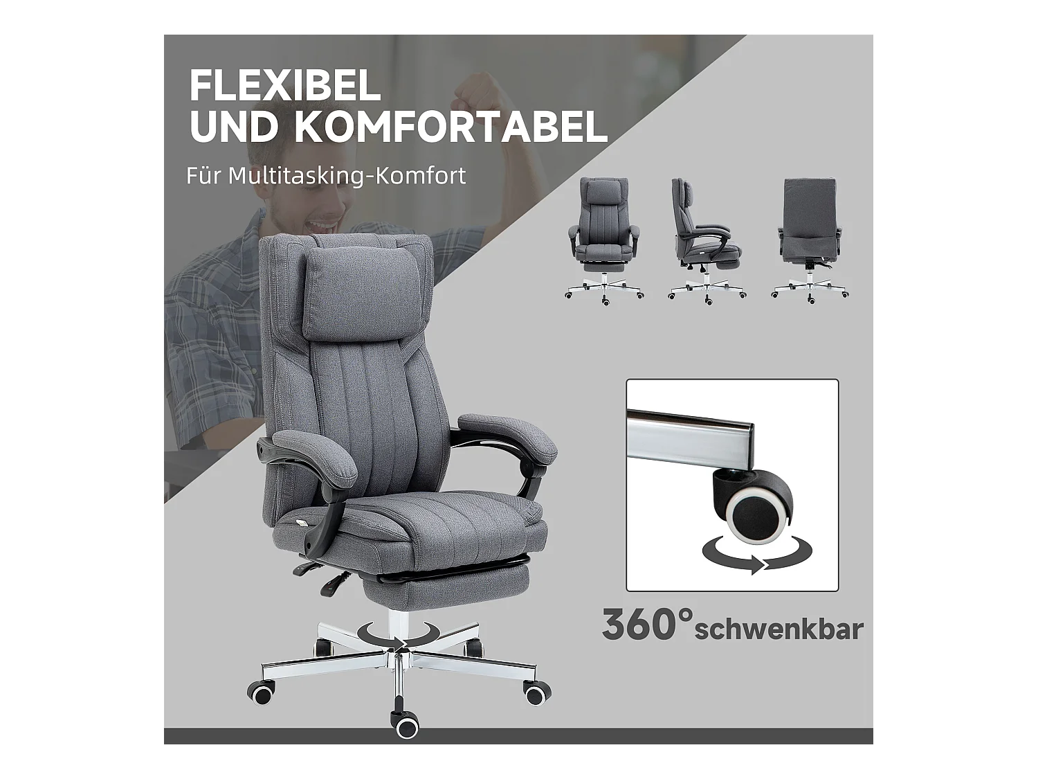 Fauteuil de bureau avec 5 modes de massage, fonction relax, polyester aspect lin, gris (65x61x105-113cm)