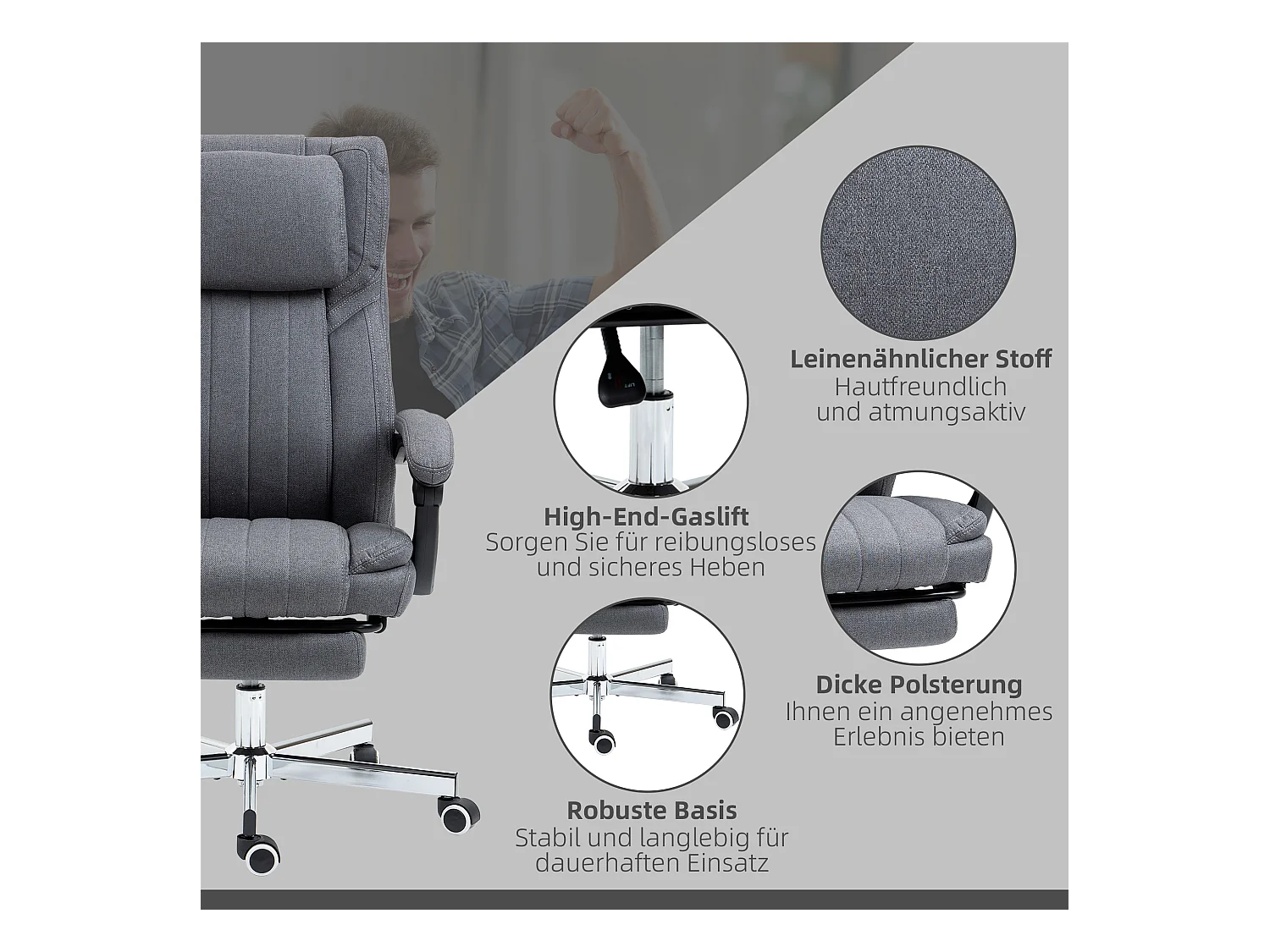 Fauteuil de bureau avec 5 modes de massage, fonction relax, polyester aspect lin, gris (65x61x105-113cm)
