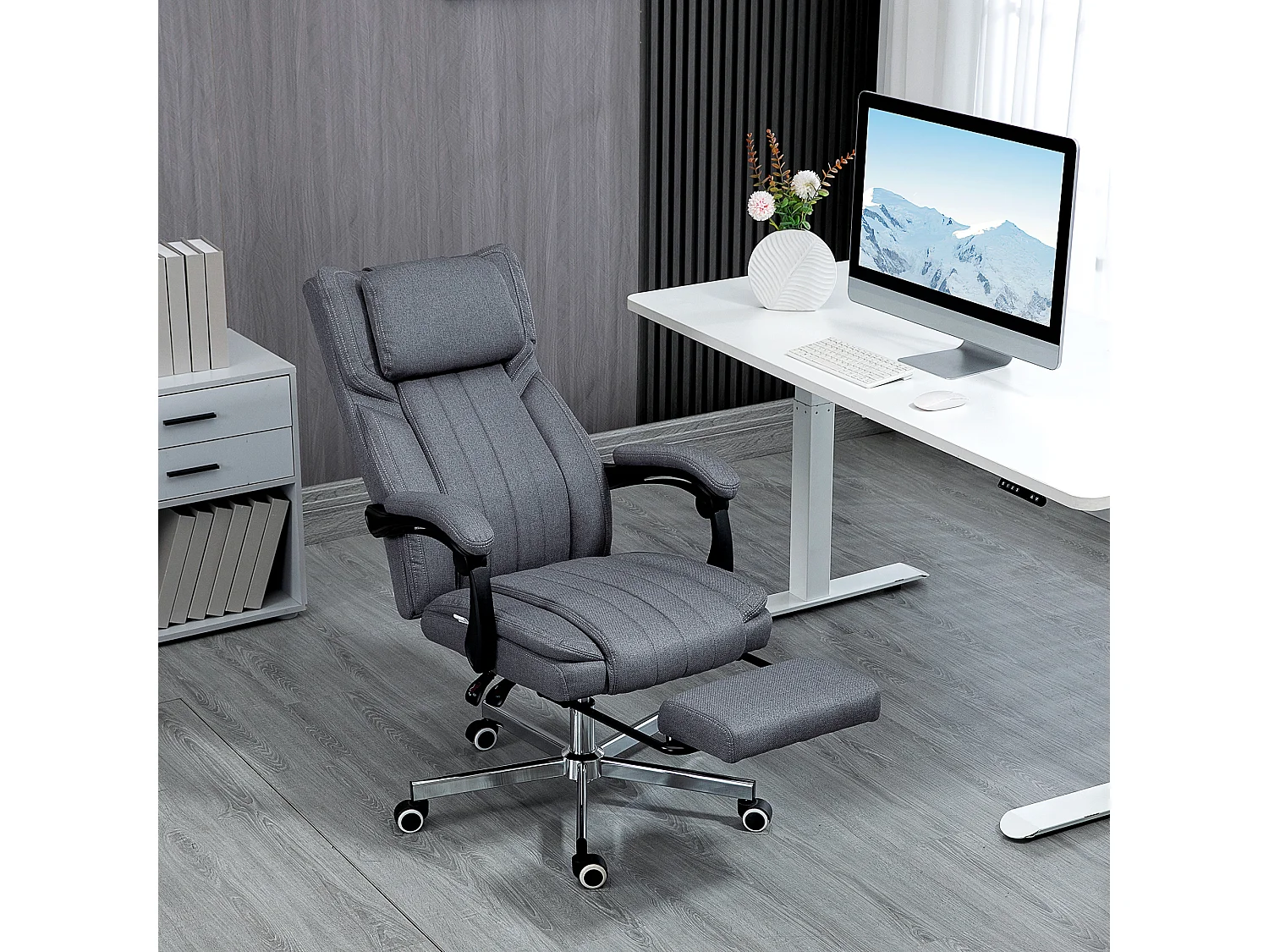 Fauteuil de bureau avec 5 modes de massage, fonction relax, polyester aspect lin, gris (65x61x105-113cm)