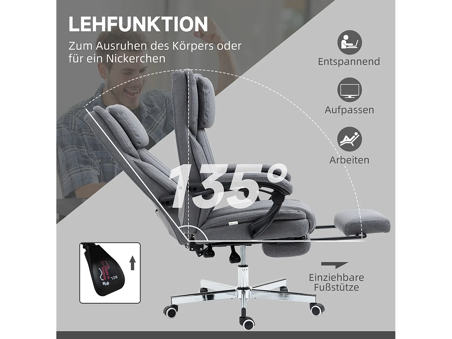 Fauteuil de bureau avec 5 modes de massage, fonction relax, polyester aspect lin, gris (65x61x105-113cm)