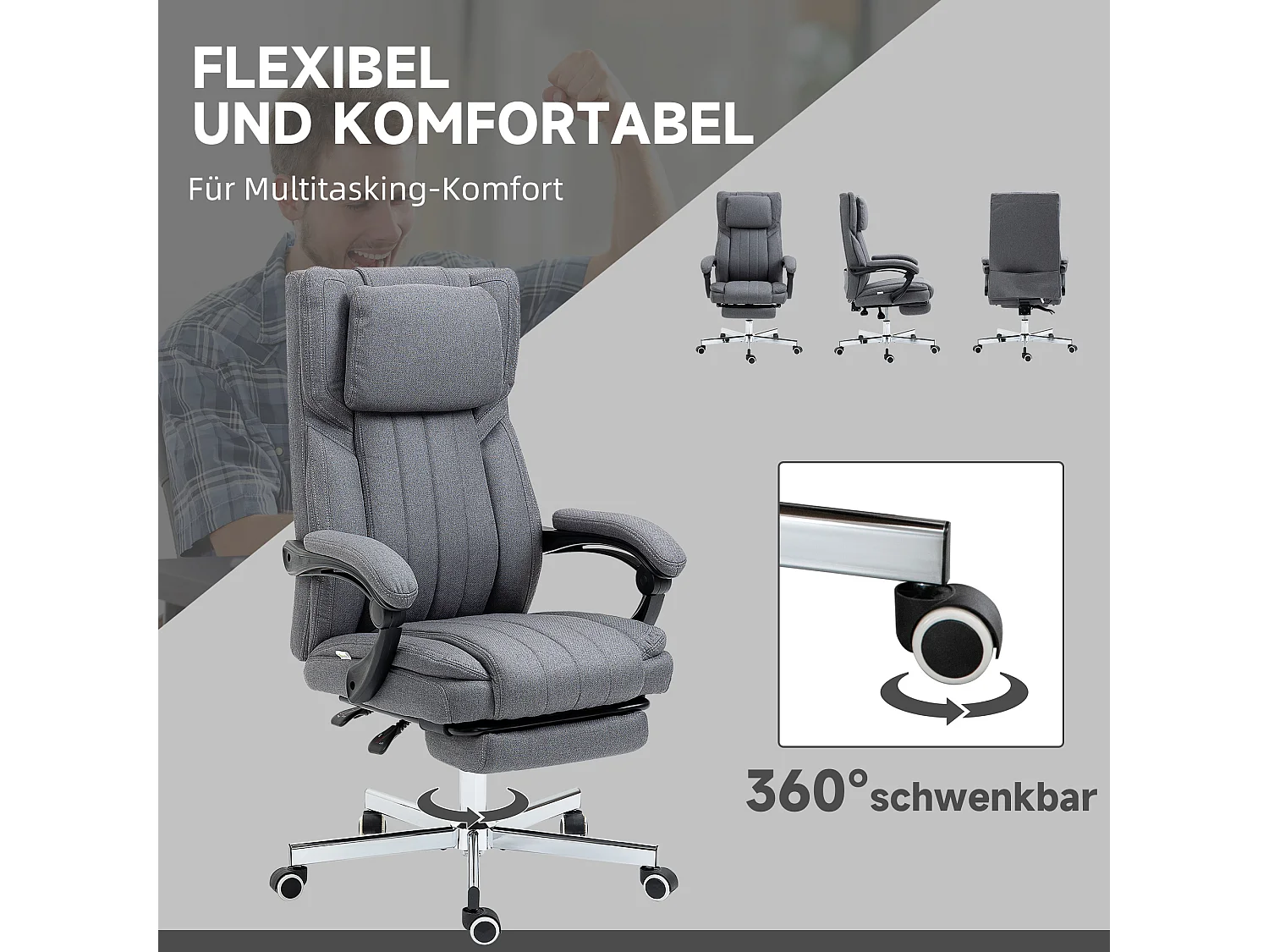 Fauteuil de bureau avec 5 modes de massage, fonction relax, polyester aspect lin, gris (65x61x105-113cm)