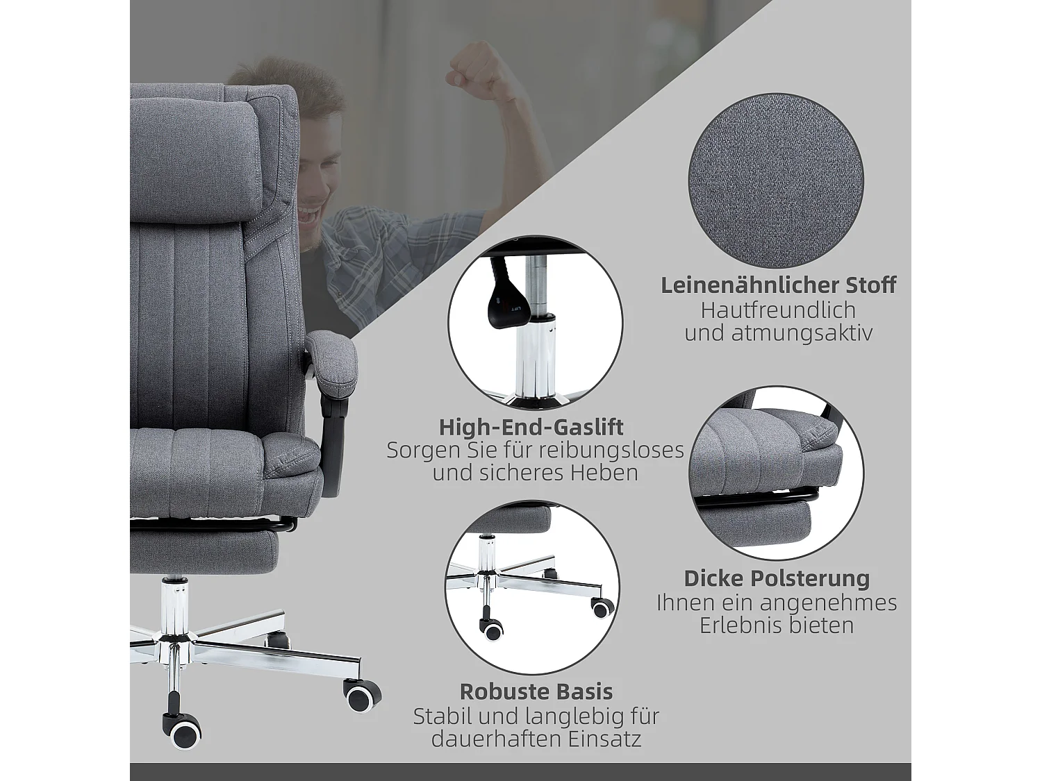 Fauteuil de bureau avec 5 modes de massage, fonction relax, polyester aspect lin, gris (65x61x105-113cm)