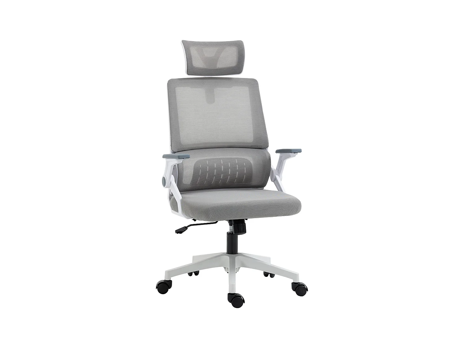 Ergonomische bureaustoel, verstelbare hoofdsteun en armleuningen, grijze mesh rugleuning (58x61x119cm)