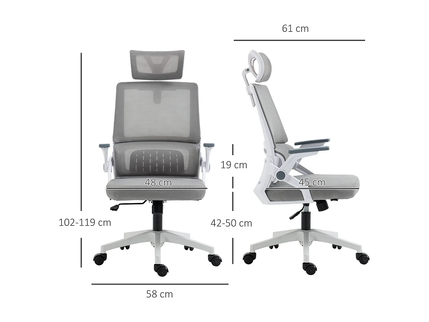 Fauteuil de bureau ergonomique, appui-tête et accoudoirs réglables, dossier en mesh gris (58x61x119cm)