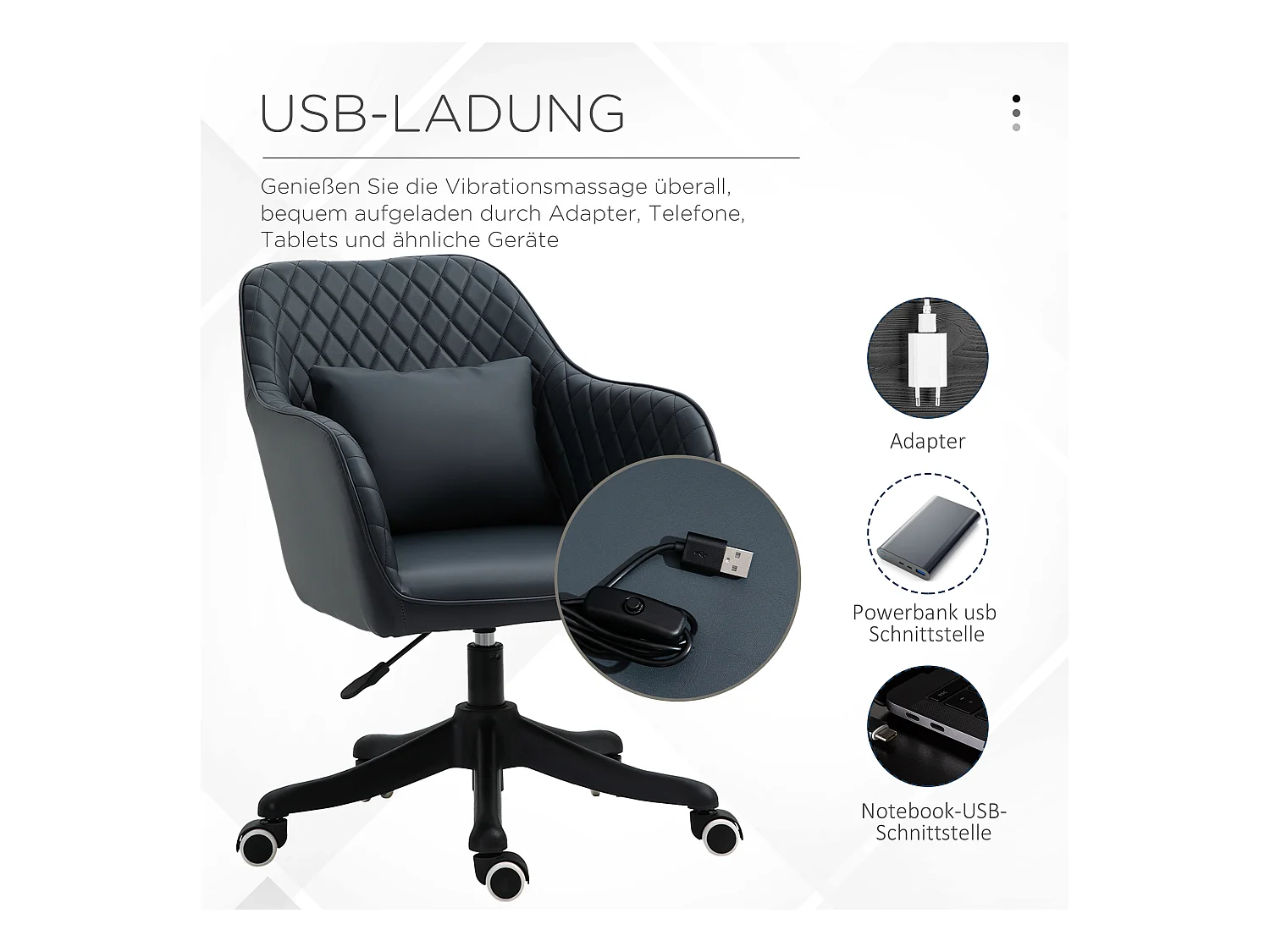 Fauteuil de bureau avec massage, réglable en hauteur, ergonomique, avec coussin lombaire, cuir synthétique, gris (57x70x86 cm)