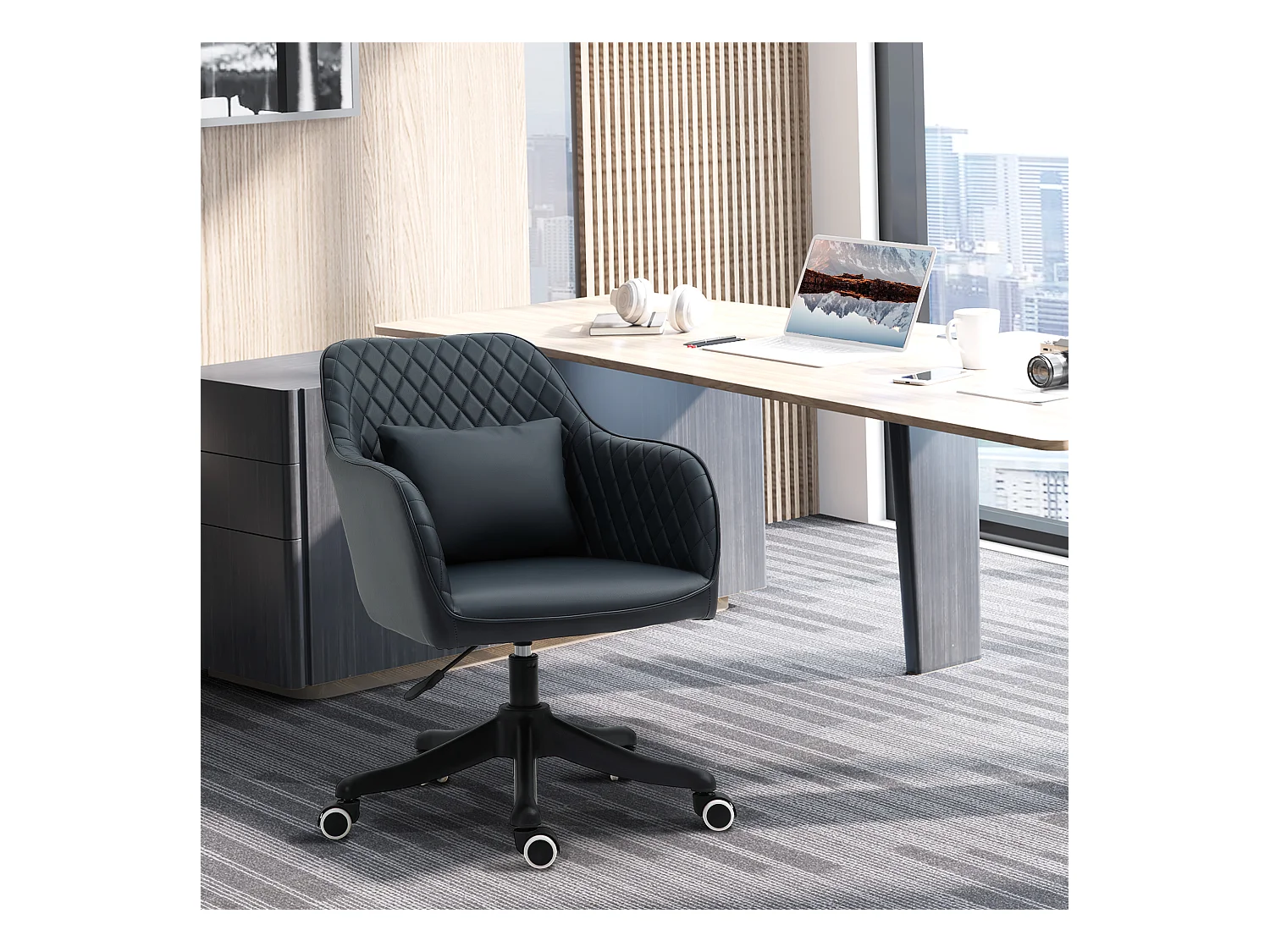 Fauteuil de bureau avec massage, réglable en hauteur, ergonomique, avec coussin lombaire, cuir synthétique, gris (57x70x86 cm)