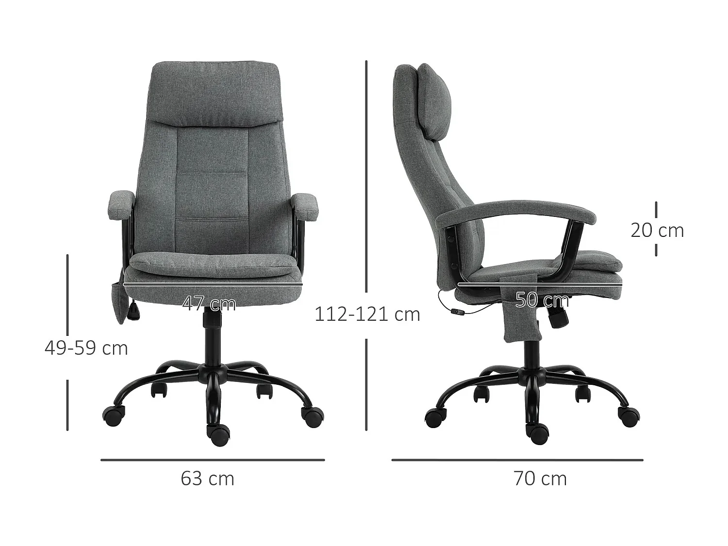 Fauteuil de bureau ergonomique avec massage, hauteur réglable, tissu polyester gris (63x70x121cm)