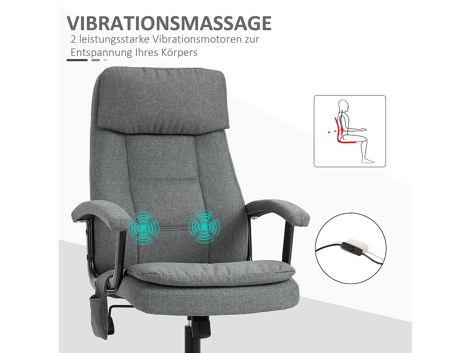 Fauteuil de bureau ergonomique avec massage, hauteur réglable, tissu polyester gris (63x70x121cm)