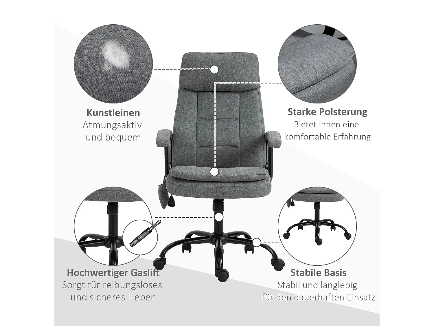 Fauteuil de bureau ergonomique avec massage, hauteur réglable, tissu polyester gris (63x70x121cm)
