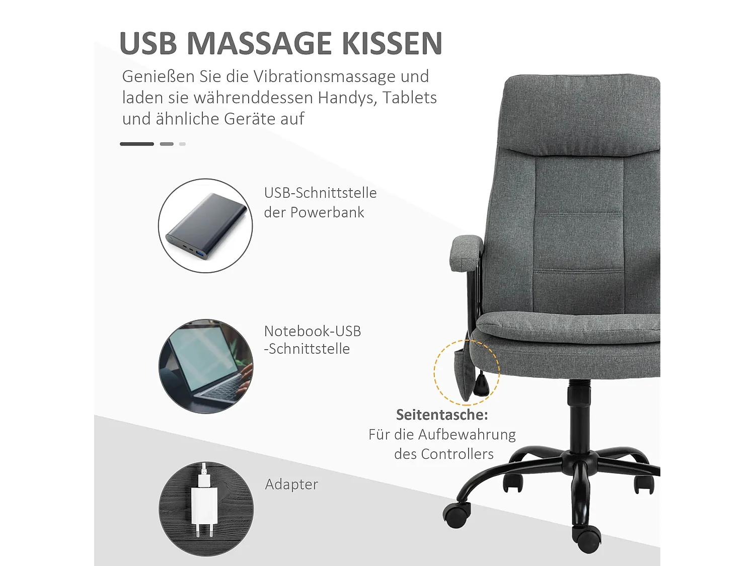 Fauteuil de bureau ergonomique avec massage, hauteur réglable, tissu polyester gris (63x70x121cm)