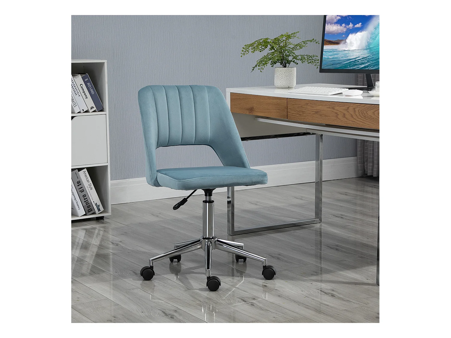 Chaise de bureau pivotante, hauteur réglable, velours bleu, ergonomique (49x60x91 cm)