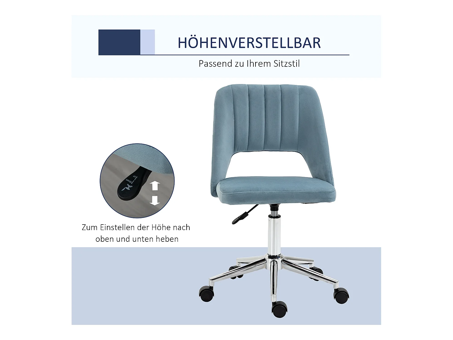 Chaise de bureau pivotante, hauteur réglable, velours bleu, ergonomique (49x60x91 cm)