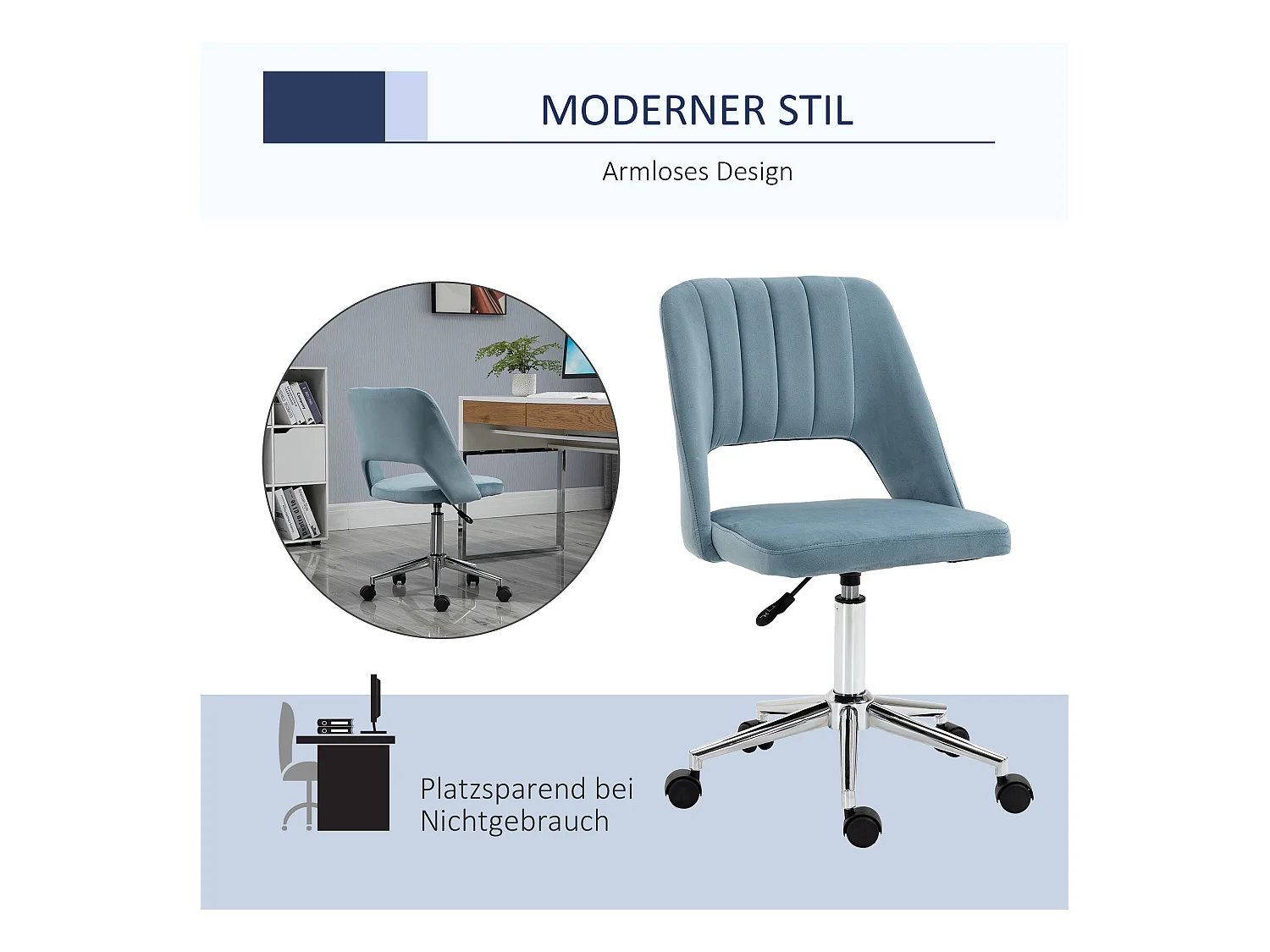 Chaise de bureau pivotante, hauteur réglable, velours bleu, ergonomique (49x60x91 cm)