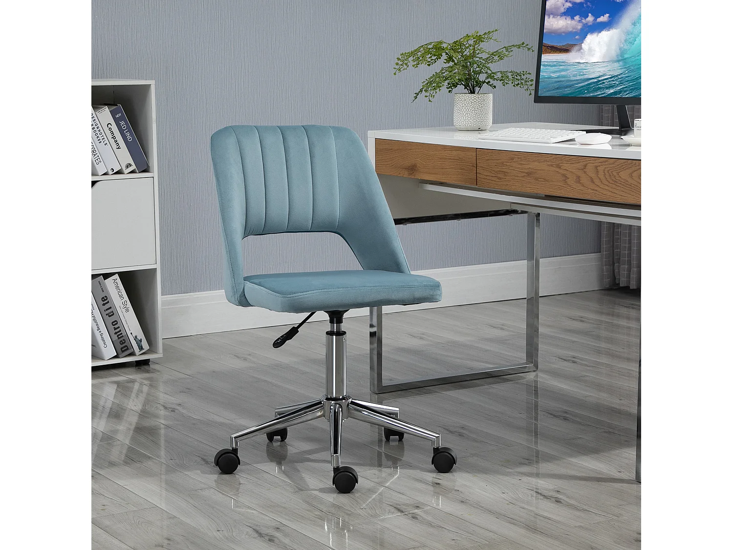 Chaise de bureau pivotante, hauteur réglable, velours bleu, ergonomique (49x60x91 cm)