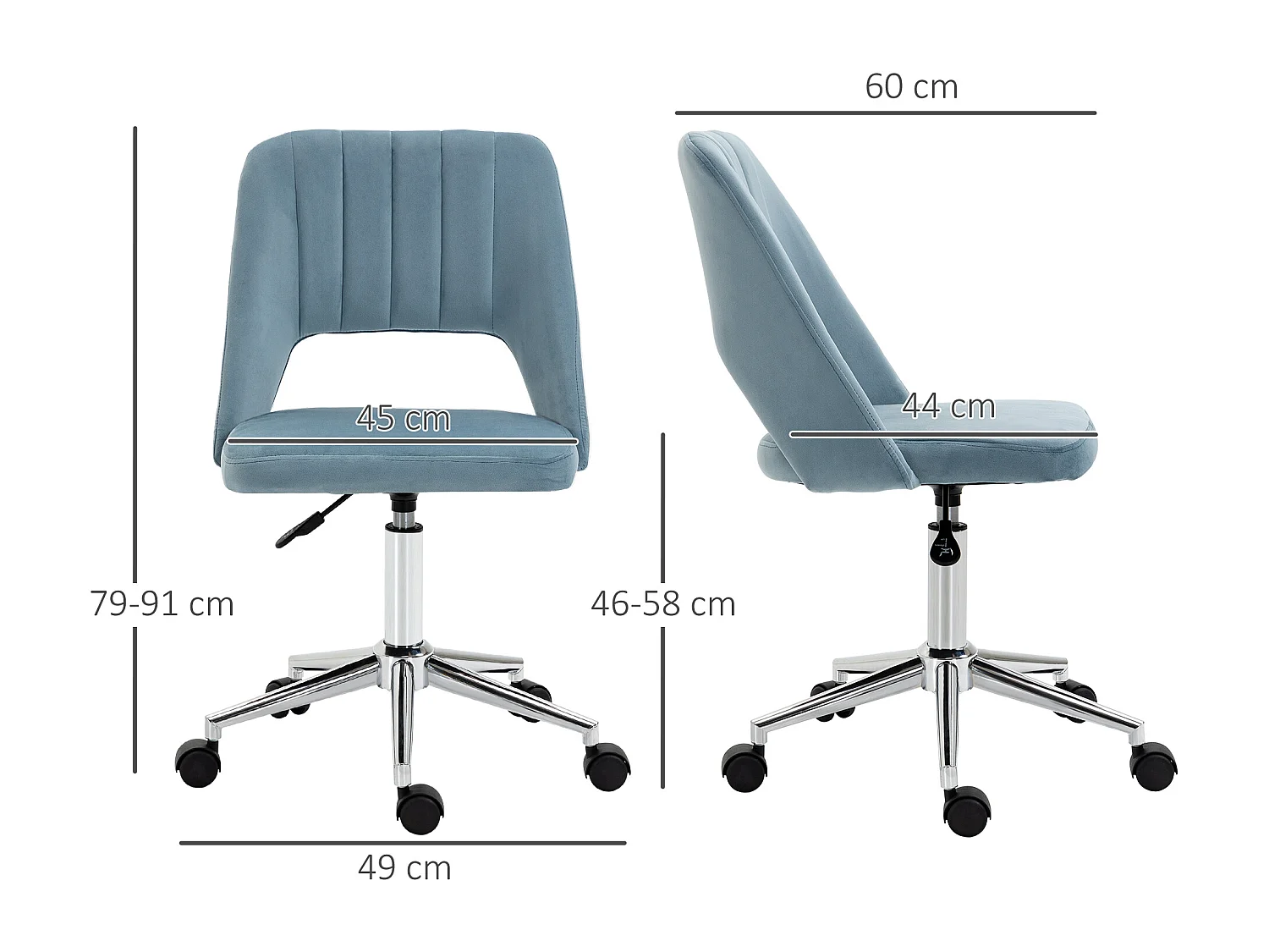 Chaise de bureau pivotante, hauteur réglable, velours bleu, ergonomique (49x60x91 cm)
