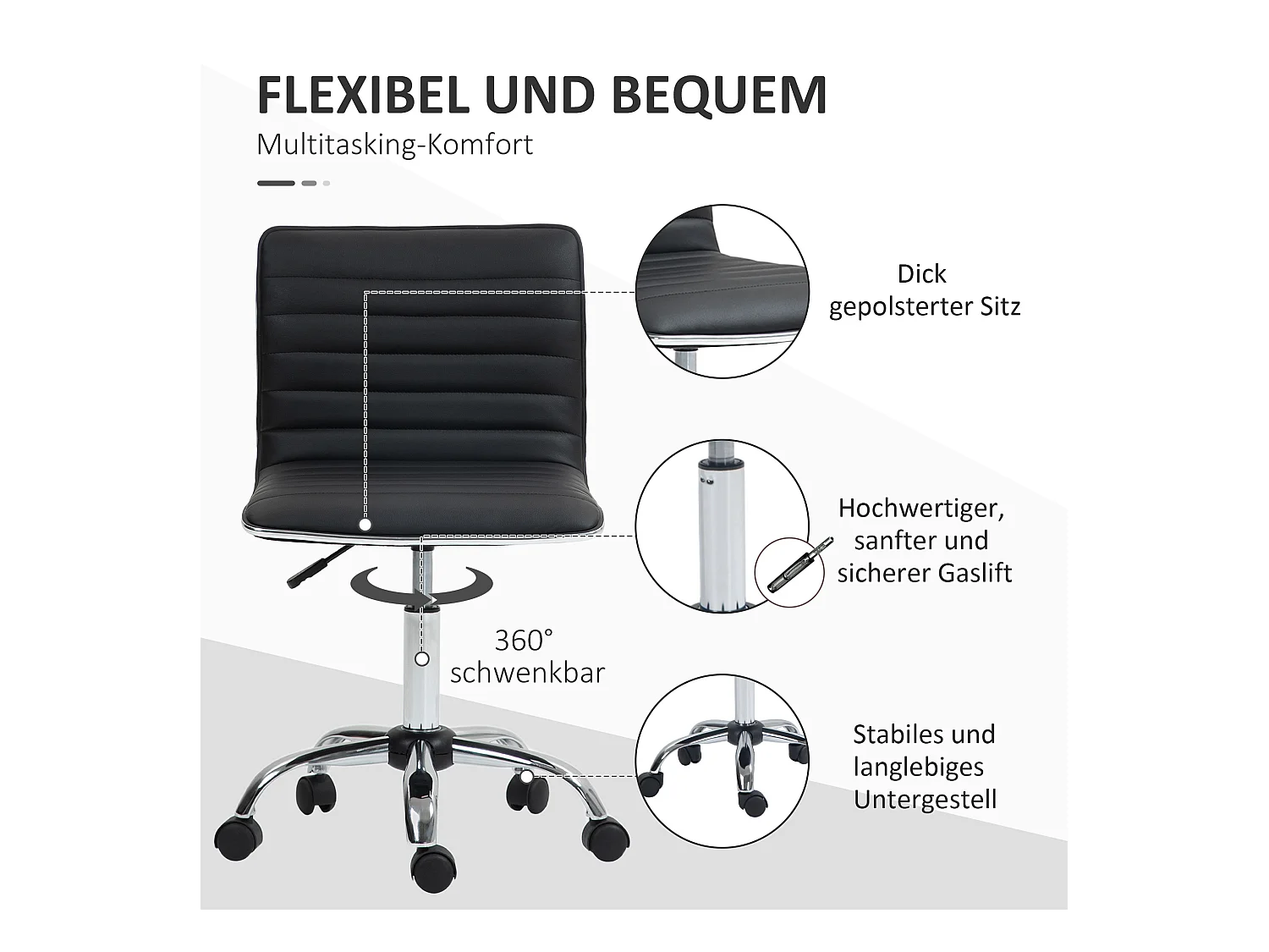 Fauteuil de bureau avec dossier, réglable en hauteur, cuir synthétique, noir (48x52x78-90cm)