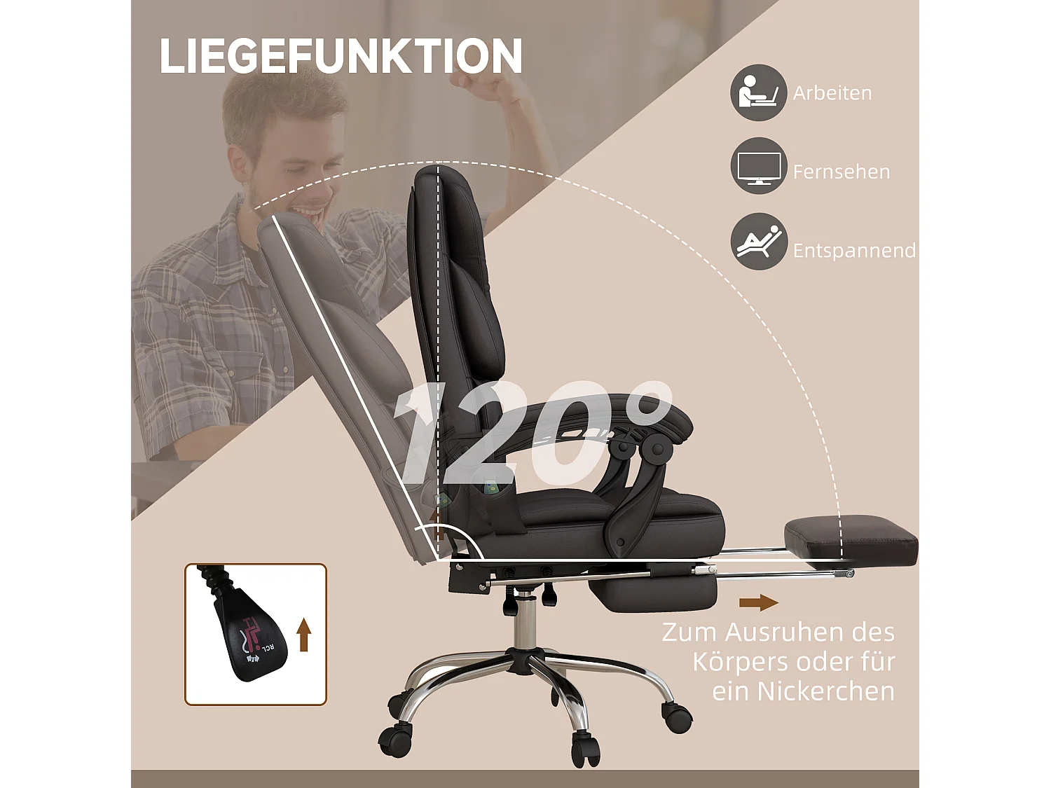 Chaise de Bureau Ergonomique avec Massage, Cuir Synthétique, Marron (63x57x126 cm)