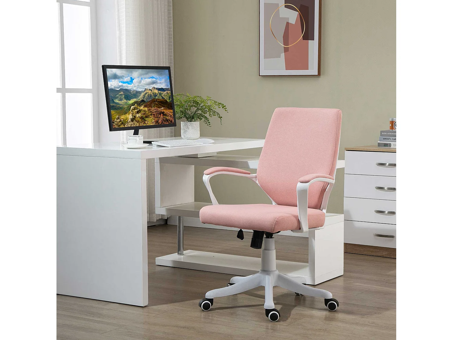 Chaise de bureau ergonomique, soutien lombaire, tissu, rose, (62x69x100 cm)