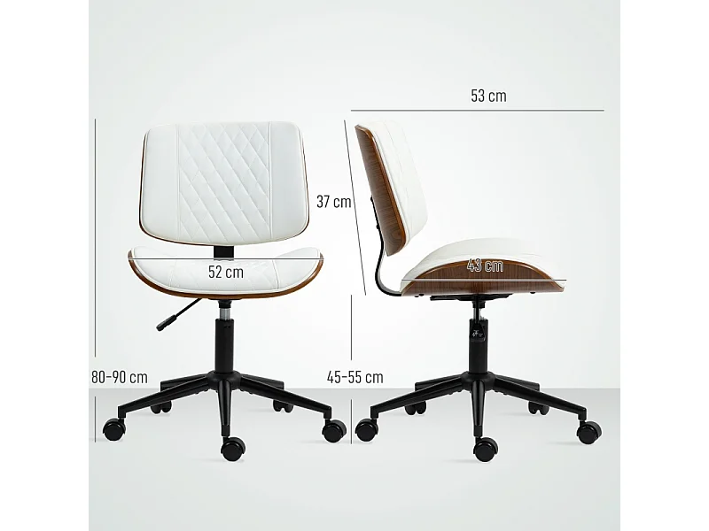 Fauteuil de bureau avec accoudoirs, tissu blanc, réglable en hauteur, avec fonction bascule (52x53x80-90 cm)