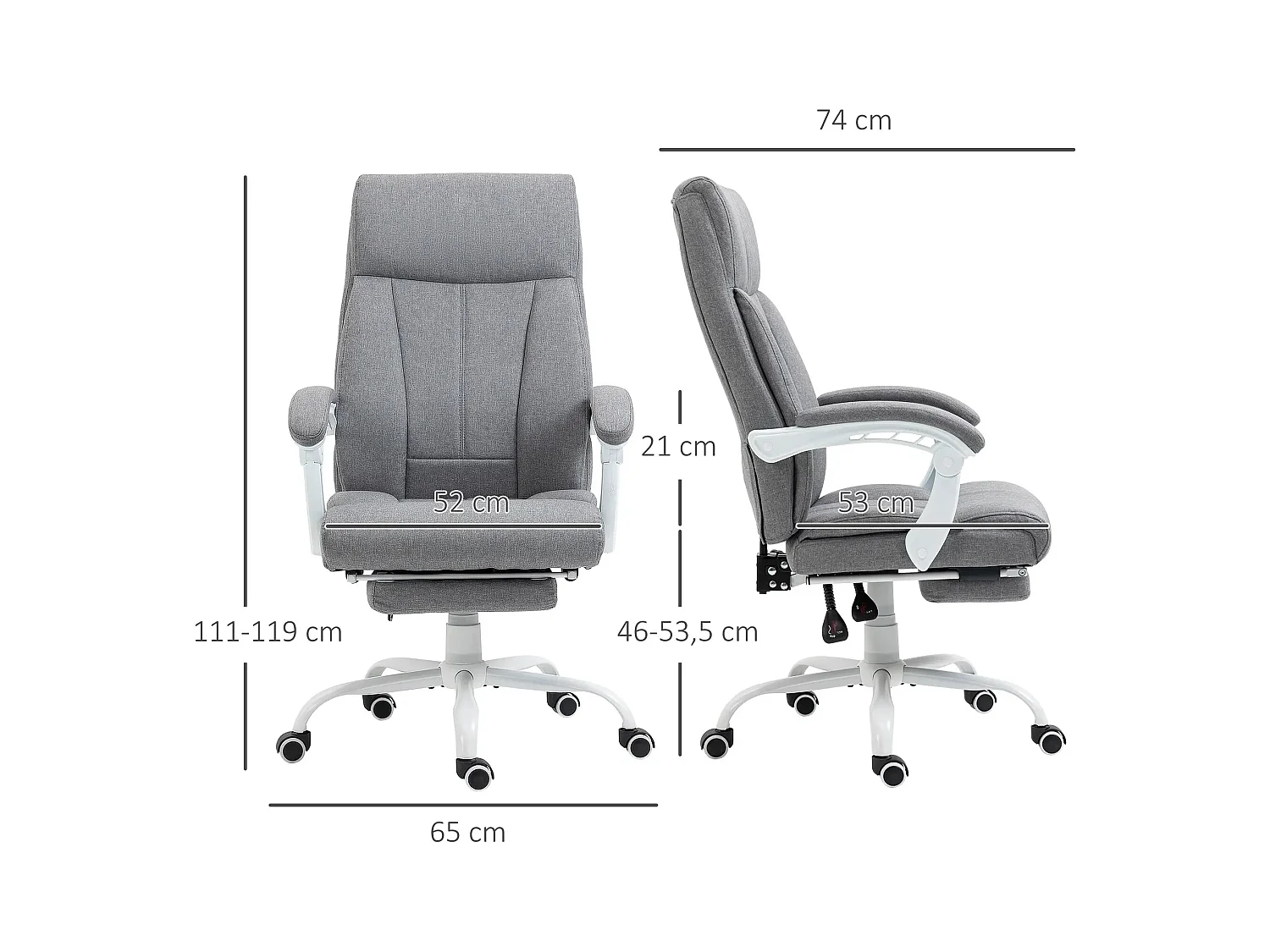 Fauteuil de bureau ergonomique, dossier inclinable 155°, hauteur réglable, polyester gris (65x74x111-119cm)