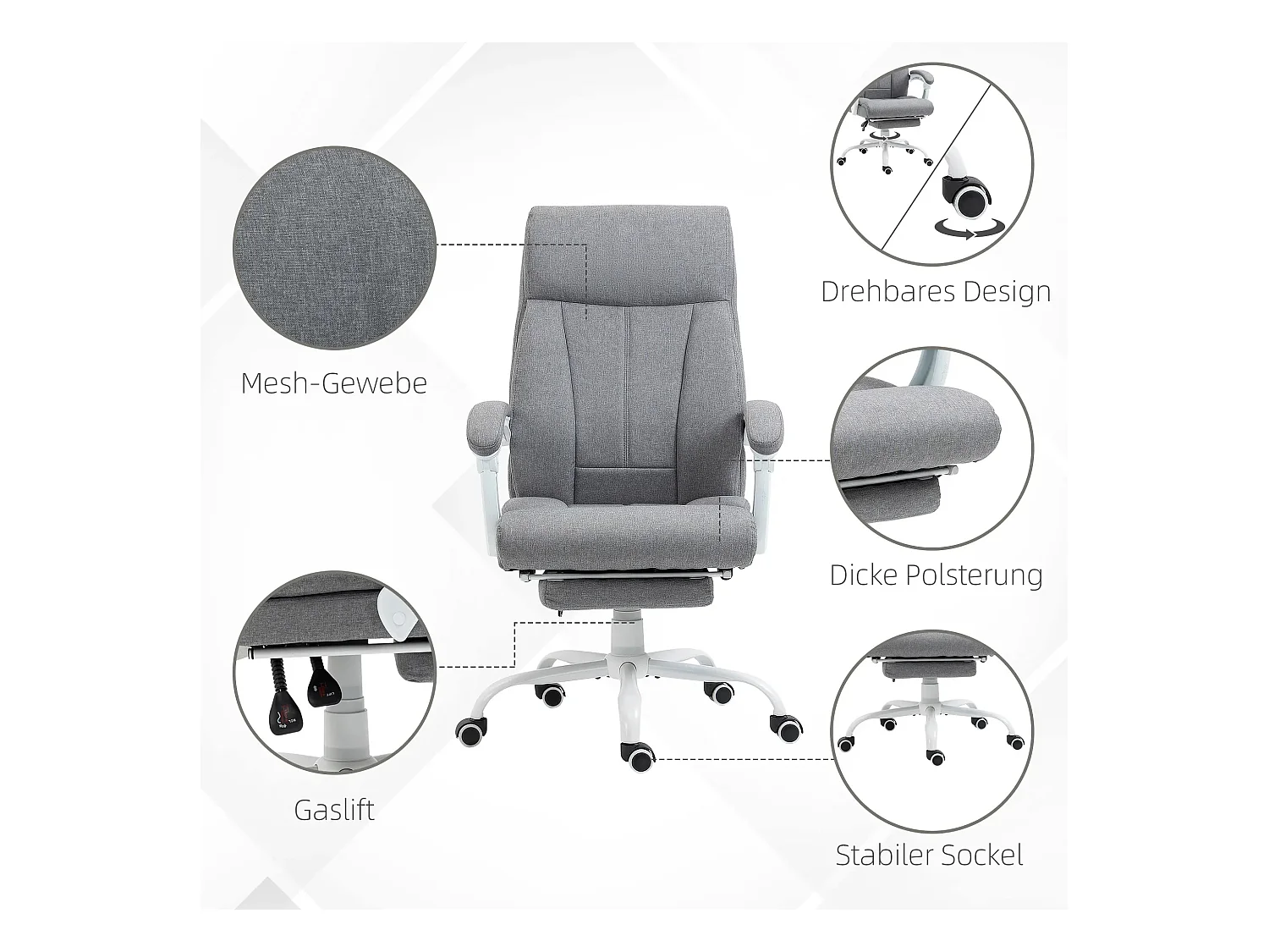Fauteuil de bureau ergonomique, dossier inclinable 155°, hauteur réglable, polyester gris (65x74x111-119cm)