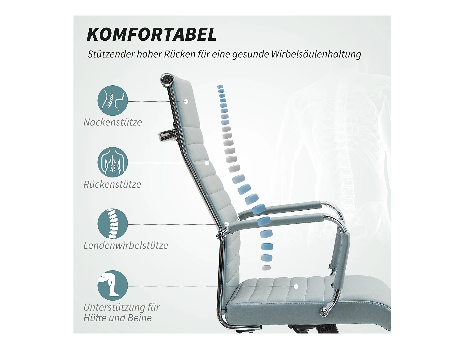 Chaise de bureau ergonomique avec fonction bascule, fauteuil de bureau réglable en hauteur avec accoudoirs, similicuir, gris clair (54x62x114 cm)