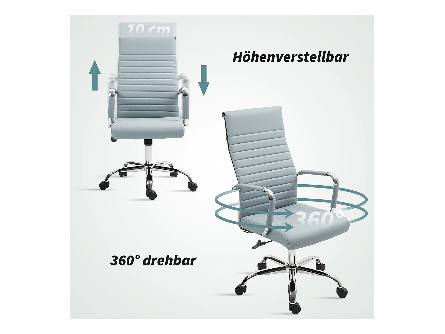 Chaise de bureau ergonomique avec fonction bascule, fauteuil de bureau réglable en hauteur avec accoudoirs, similicuir, gris clair (54x62x114 cm)