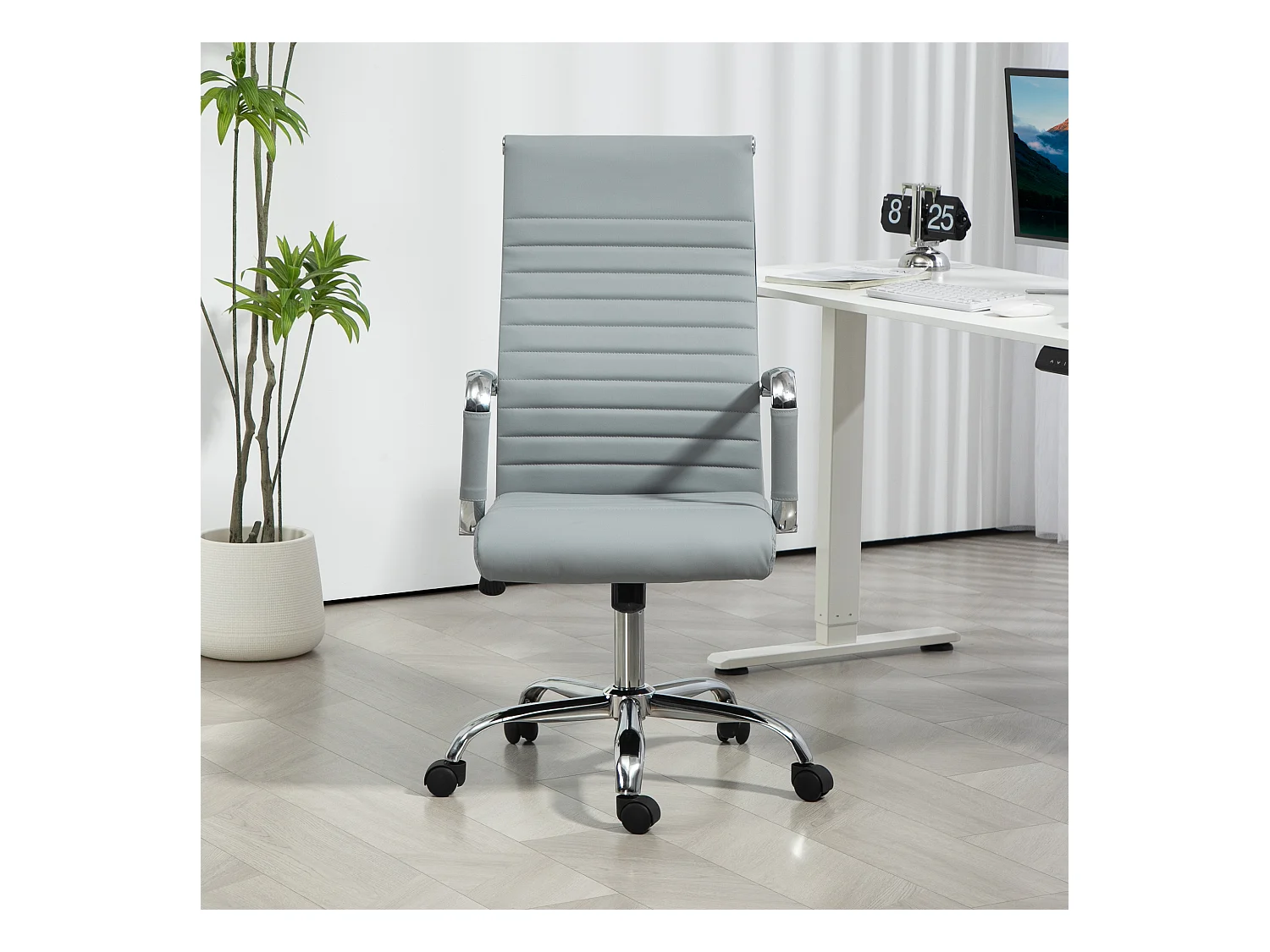 Chaise de bureau ergonomique avec fonction bascule, fauteuil de bureau réglable en hauteur avec accoudoirs, similicuir, gris clair (54x62x114 cm)