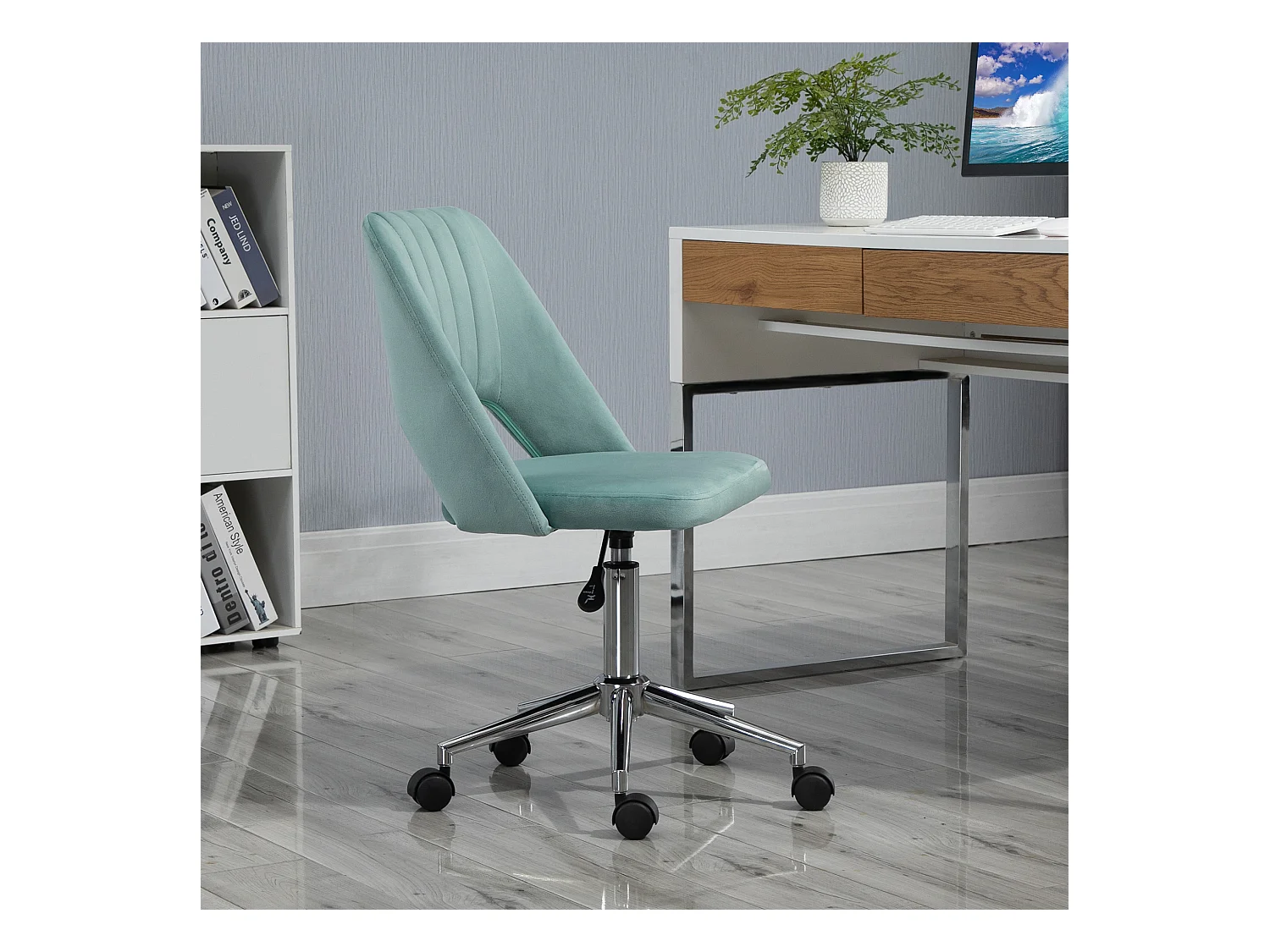 Chaise de bureau, réglable en hauteur, sans accoudoirs, tissu velours, ergonomique, vert (49x60x79-91 cm)