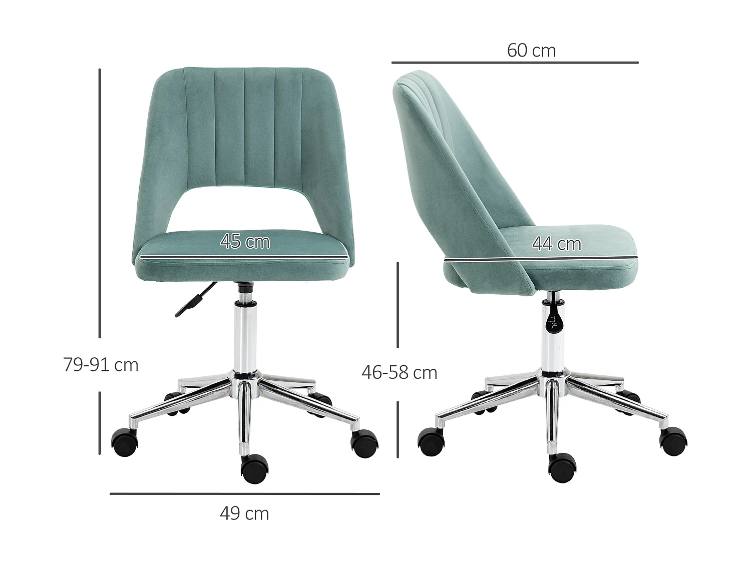 Sedia da ufficio, regolabile in altezza, senza braccioli, in velluto, ergonomica, verde (49x60x79-91 cm)