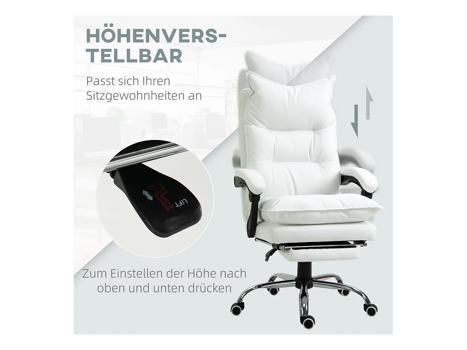 Chaise de bureau avec fonction inclinable, repose-pieds, réglable en hauteur, cuir synthétique, blanc (66x72x130 cm)