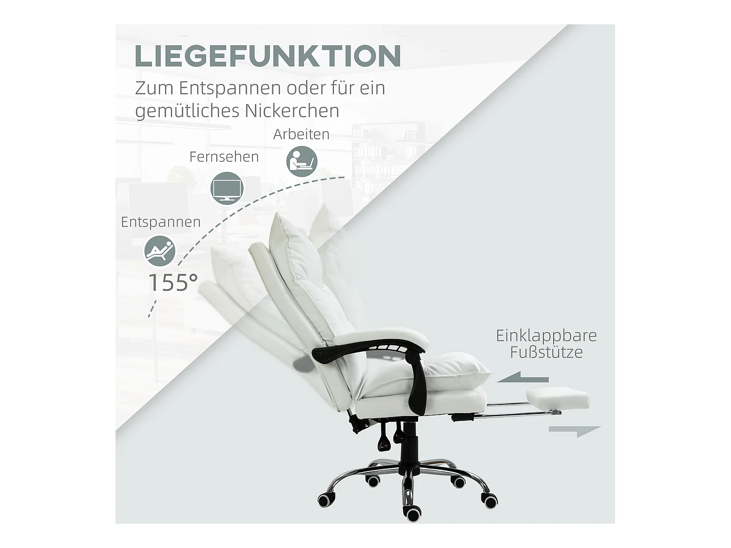 Chaise de bureau avec fonction inclinable, repose-pieds, réglable en hauteur, cuir synthétique, blanc (66x72x130 cm)