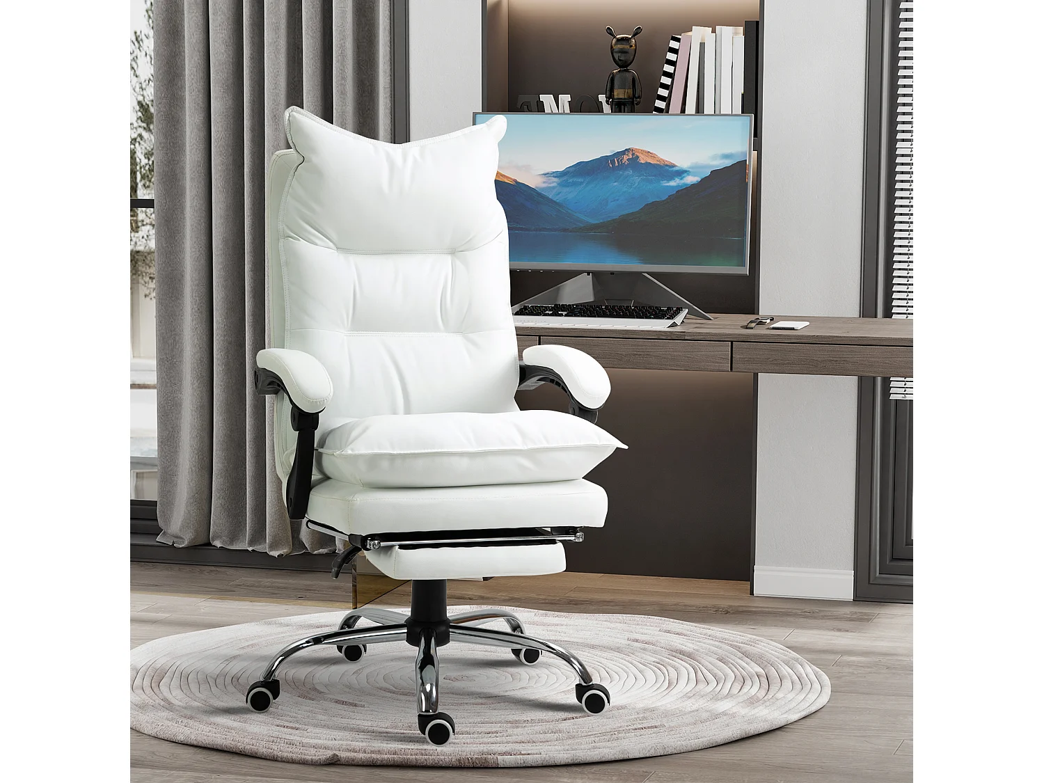 Chaise de bureau avec fonction inclinable, repose-pieds, réglable en hauteur, cuir synthétique, blanc (66x72x130 cm)