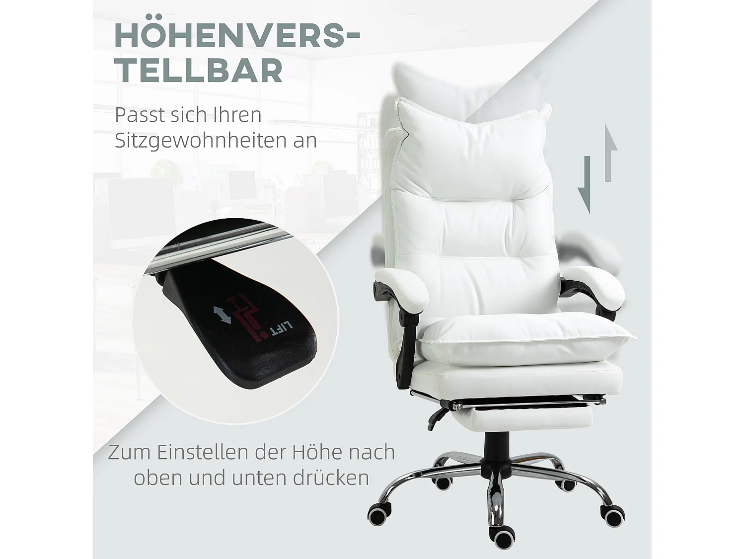 Chaise de bureau avec fonction inclinable, repose-pieds, réglable en hauteur, cuir synthétique, blanc (66x72x130 cm)