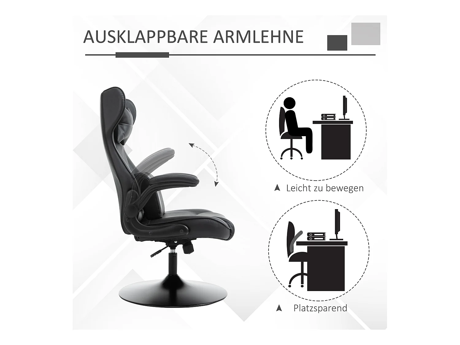 Chaise de bureau ergonomique, avec fonction basculante, en cuir synthétique, noir et gris, (67x75x112-118 cm)  ###