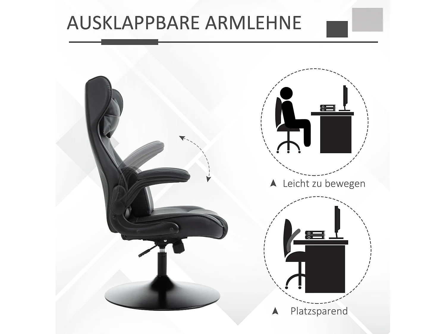 Chaise de bureau ergonomique, avec fonction basculante, en cuir synthétique, noir et gris, (67x75x112-118 cm)  ###