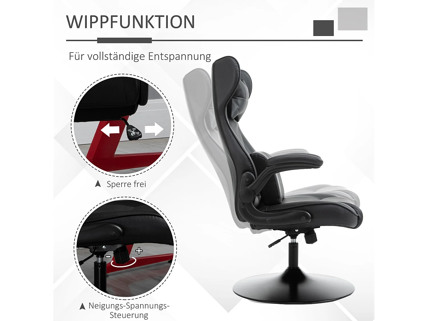 Chaise de bureau ergonomique, avec fonction basculante, en cuir synthétique, noir et gris, (67x75x112-118 cm)  ###