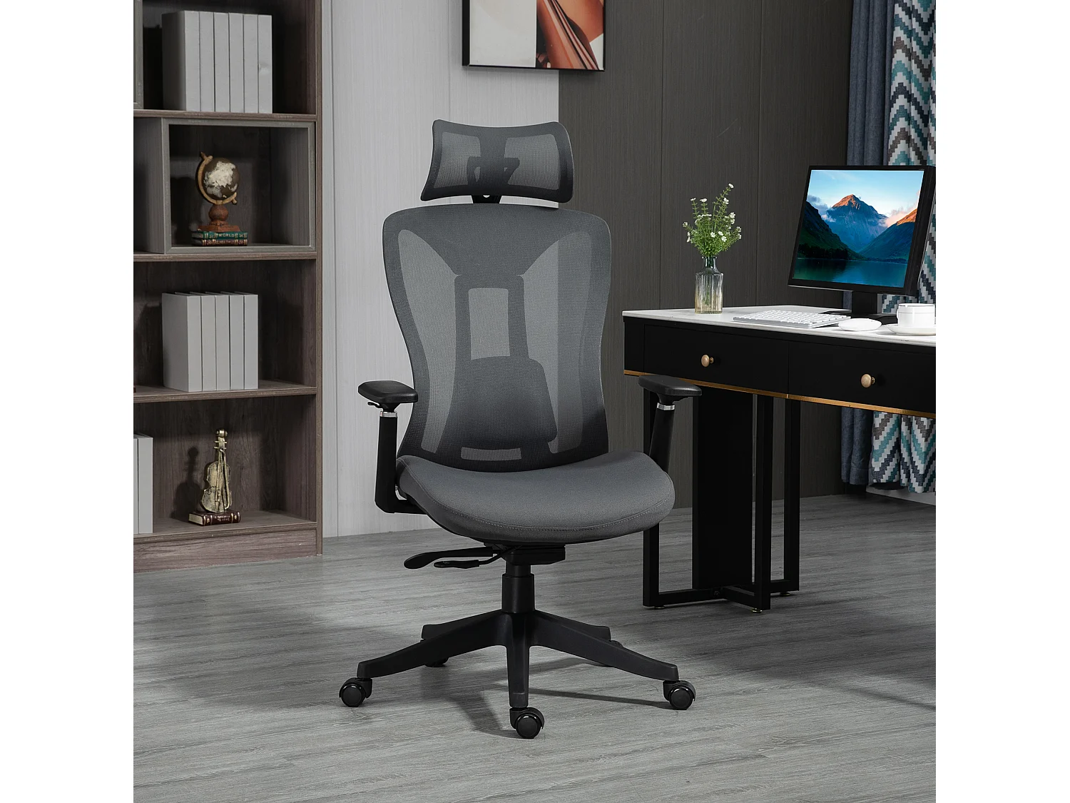 Fauteuil de bureau ergonomique inclinable, tissu mesh, gris, réglable, confortable (70x66x128cm)