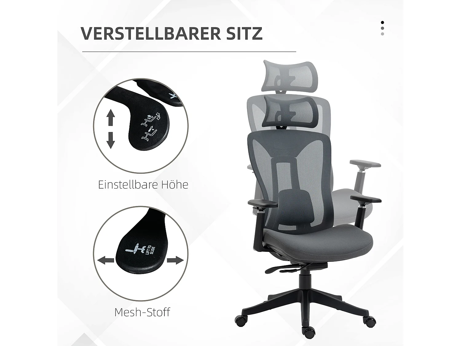 Fauteuil de bureau ergonomique inclinable, tissu mesh, gris, réglable, confortable (70x66x128cm)