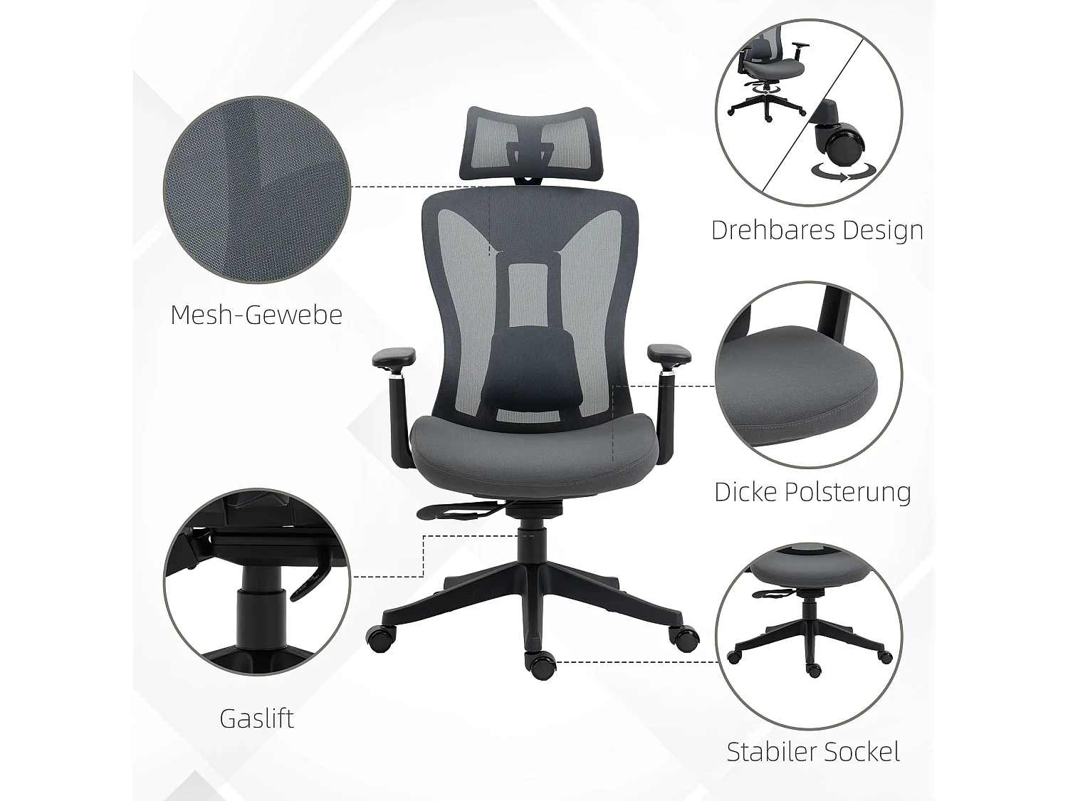 Fauteuil de bureau ergonomique inclinable, tissu mesh, gris, réglable, confortable (70x66x128cm)