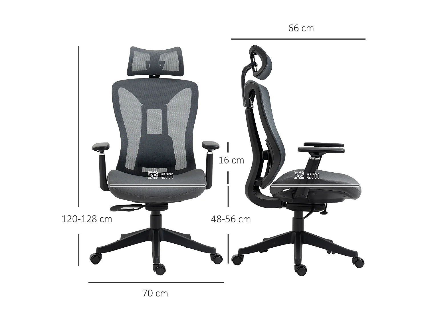 Silla de oficina ergonómica reclinable, tela de malla, gris, ajustable, cómoda (70 x 66 x 128 cm)
