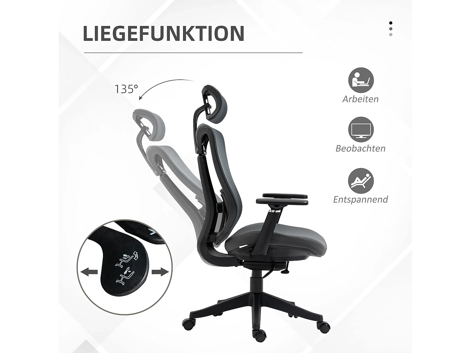 Silla de oficina ergonómica reclinable, tela de malla, gris, ajustable, cómoda (70 x 66 x 128 cm)