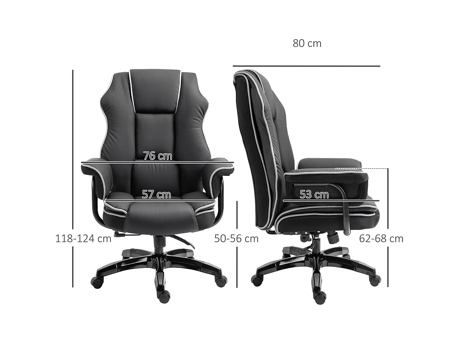 Fauteuil de bureau ergonomique, hauteur réglable, fonction bascule, simili cuir, noir (76x80x118-124cm)