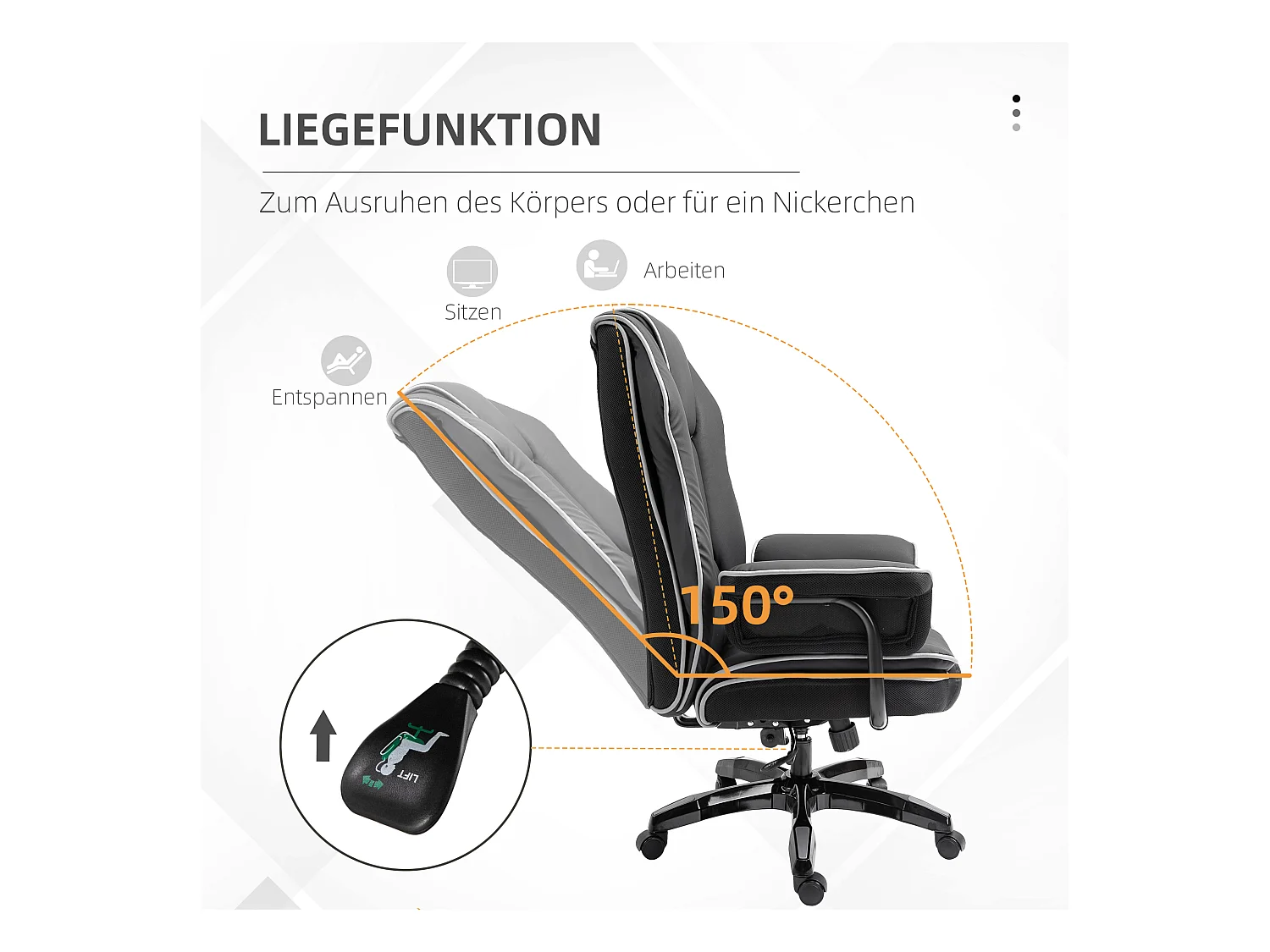 Fauteuil de bureau ergonomique, hauteur réglable, fonction bascule, simili cuir, noir (76x80x118-124cm)